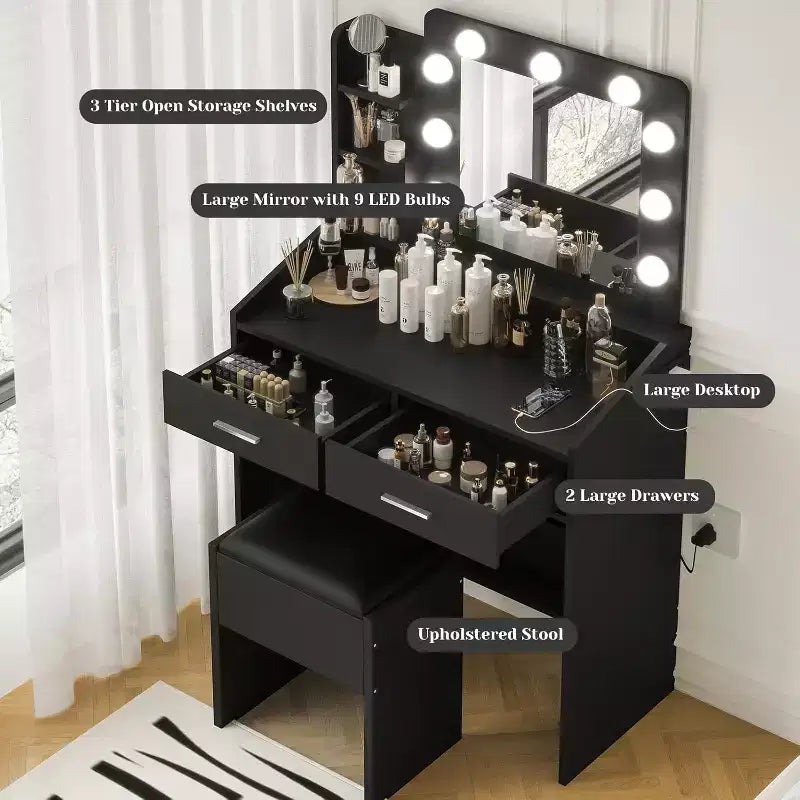 Toeletta con specchio e luci per camera da letto, tavolo da trucco con 2 cassetti, 3 modalità di illuminazione e LED dimmerabili, Toeletta con specchio e luci per camera da letto