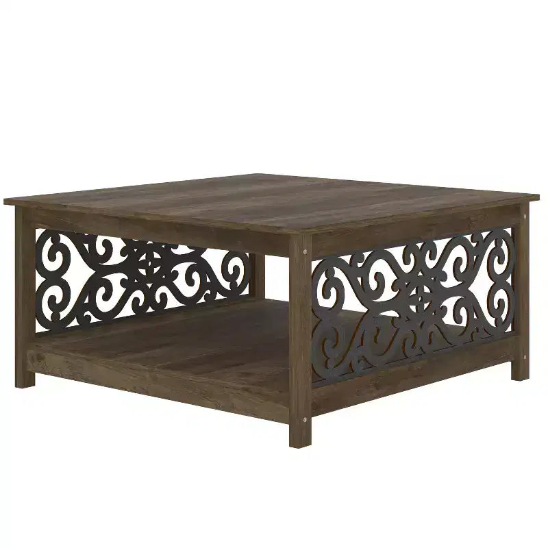 Tavolino da caffè quadrato Galano con pannelli decorativi intagliati e ripiano inferiore 34,9 L x 34,9 P x 17,1 A