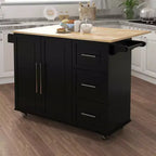 MAYEERTY Black Kitchen Island, Extensible Solid Wood Top Spice Rack Towel Rack