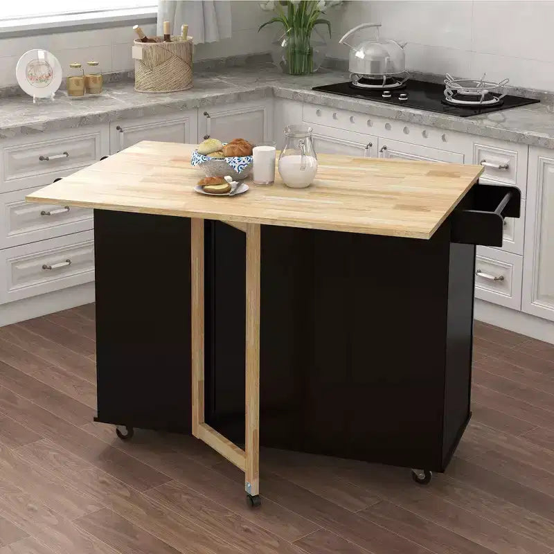 MAYEERTY Isola Cucina Nera, Piano Estensibile in Legno Massello Portaspezie Portasciugamani