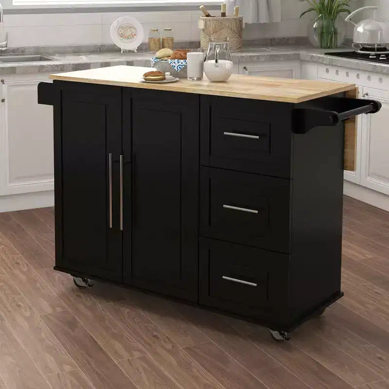 MAYEERTY Isola Cucina Nera, Piano Estensibile in Legno Massello Portaspezie Portasciugamani