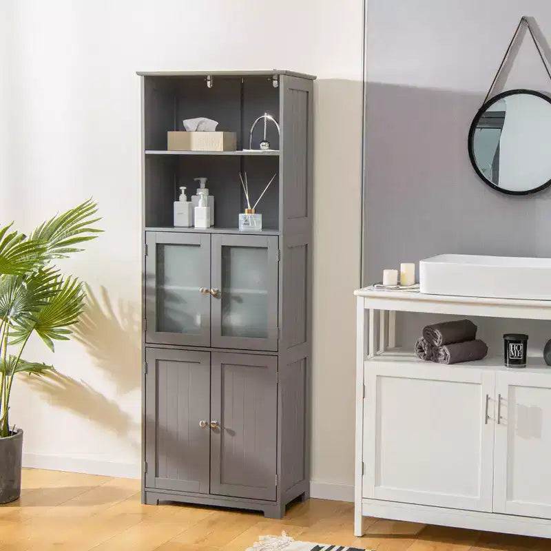 Costway Mobile da Bagno Verticale Porta Biancheria con Anta in Vetro e Scaffale Regolabile