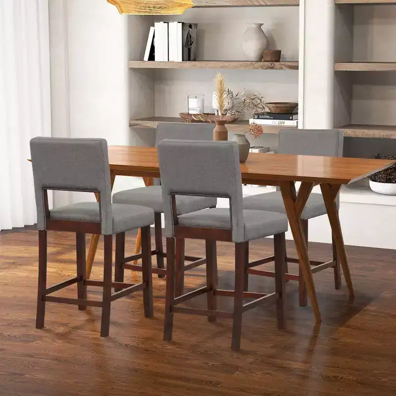 Costway Set di 4 Sgabelli da Bar Altezza Bancone in Lino/Pelle PVC con Schienale e Gambe in Legno di Gomma