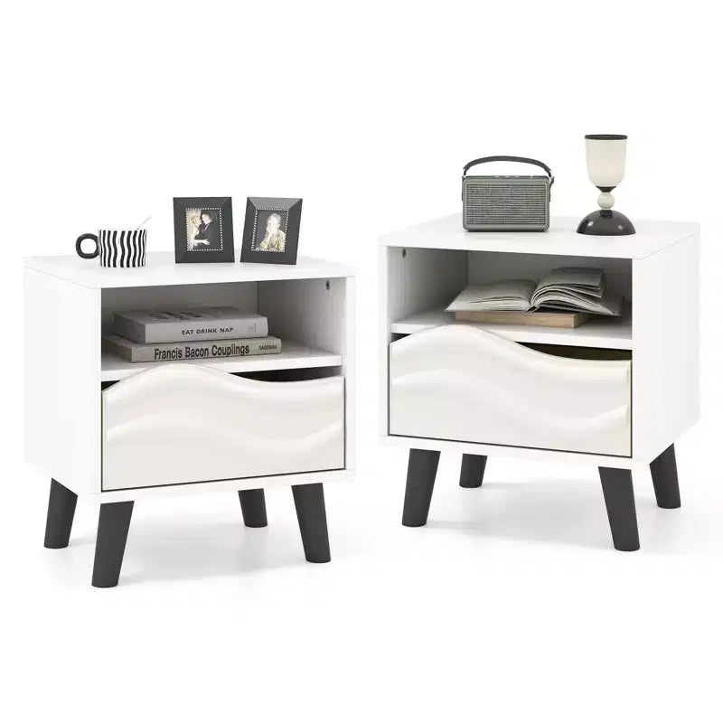 Costway 2PCS Nightstand w/Drawer 3D Wavy Pattern Open Shelf Small Sofa Couch Side Table