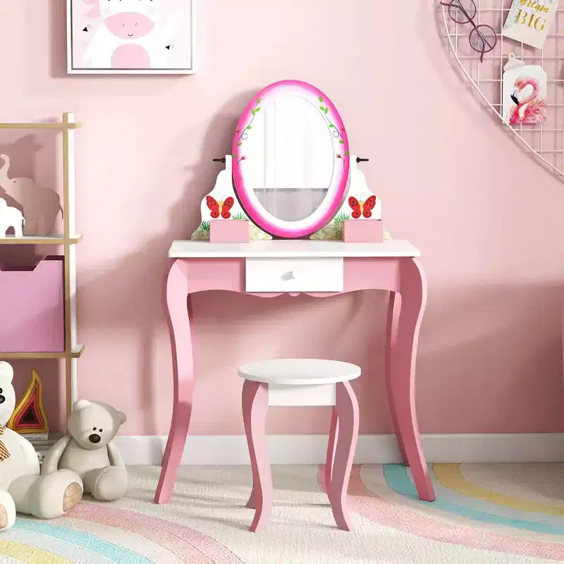 Costway Tavolino da trucco con sgabello per bambini, gioco di finzione, scrivania per il trucco con pennarelli per lavagna bianca
