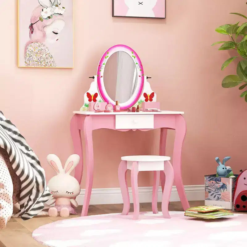 Costway Tavolino da trucco con sgabello per bambini, gioco di finzione, scrivania per il trucco con pennarelli per lavagna bianca