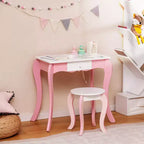 Costway Tavolino da trucco con sgabello per bambini, gioco di finzione, scrivania per il trucco con pennarelli per lavagna bianca