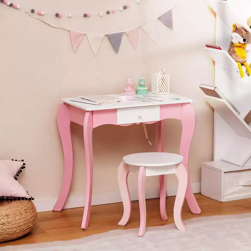 Costway Tavolino da trucco con sgabello per bambini, gioco di finzione, scrivania per il trucco con pennarelli per lavagna bianca