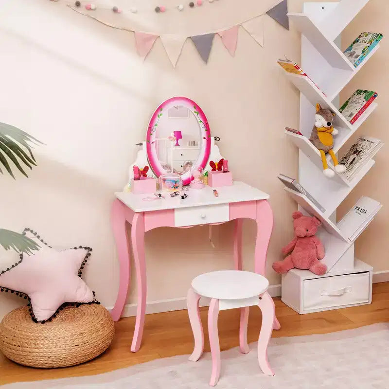 Costway Tavolino da trucco con sgabello per bambini, gioco di finzione, scrivania per il trucco con pennarelli per lavagna bianca