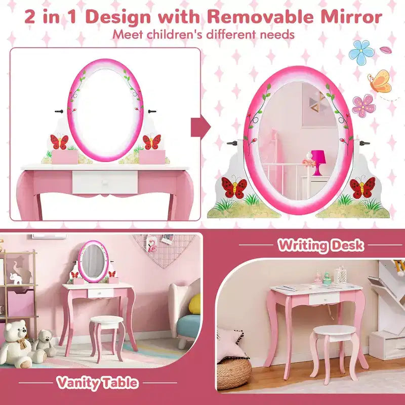 Costway Tavolino da trucco con sgabello per bambini, gioco di finzione, scrivania per il trucco con pennarelli per lavagna bianca