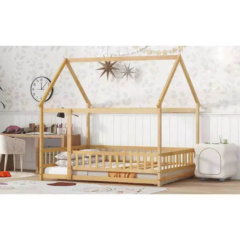 TUYOHW Letto a Pavimento per Bambini, Misura Matrimoniale, in Legno Moderno Stile Montessori, con Spondine di Sicurezza e Porta, per Camera da Letto