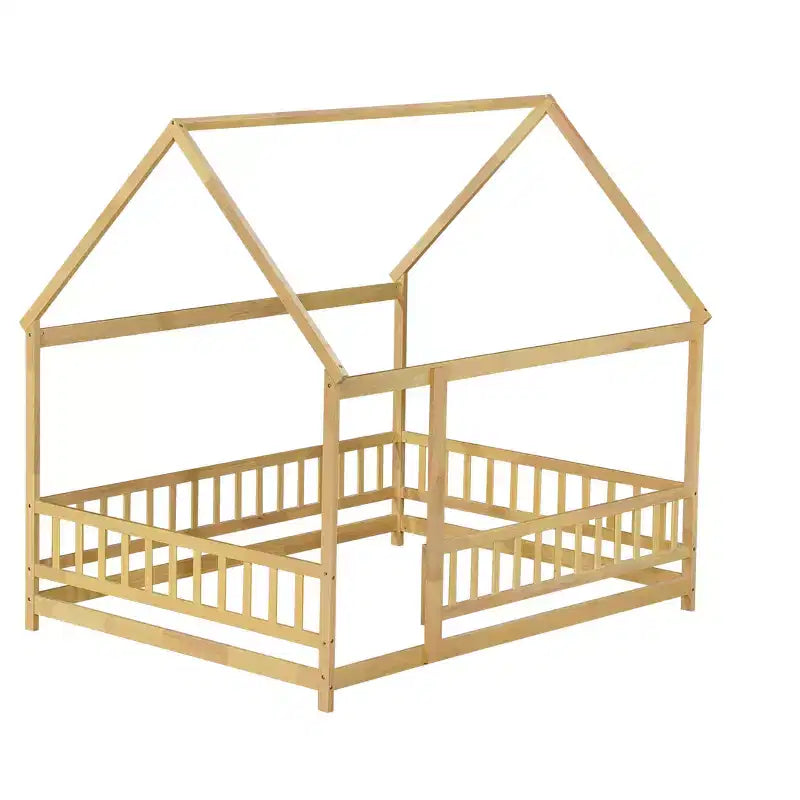 TUYOHW Letto a Pavimento per Bambini, Misura Matrimoniale, in Legno Moderno Stile Montessori, con Spondine di Sicurezza e Porta, per Camera da Letto