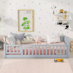 TUYOHW Letto a Pavimento per Bambini, Misura Matrimoniale, in Legno Moderno Stile Montessori, con Spondine di Sicurezza e Porta, per Camera da Letto