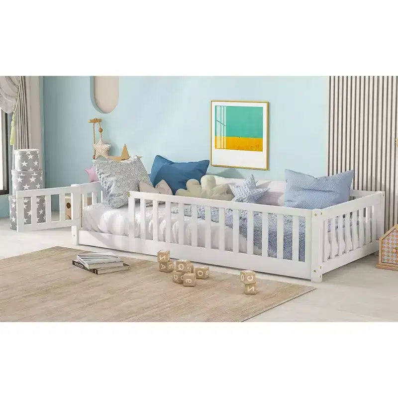 TUYOHW Twin Size Toddler Floor Bed for Kids,Modern Wood Montessori Bed with Safety Guardrails and Door for Bedroom