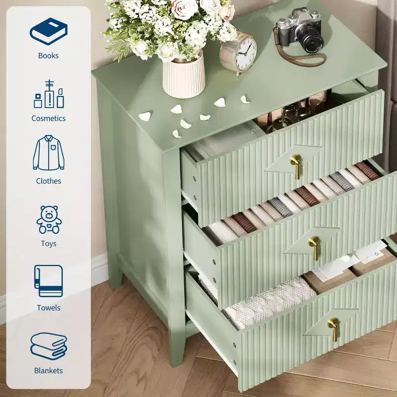 Comodino in Legno con Cassettiera Scanalata, Comodino a 3 Cassetti - Cassettiera Moderna per Camera da Letto, Soggiorno, Corridoio e Ingresso