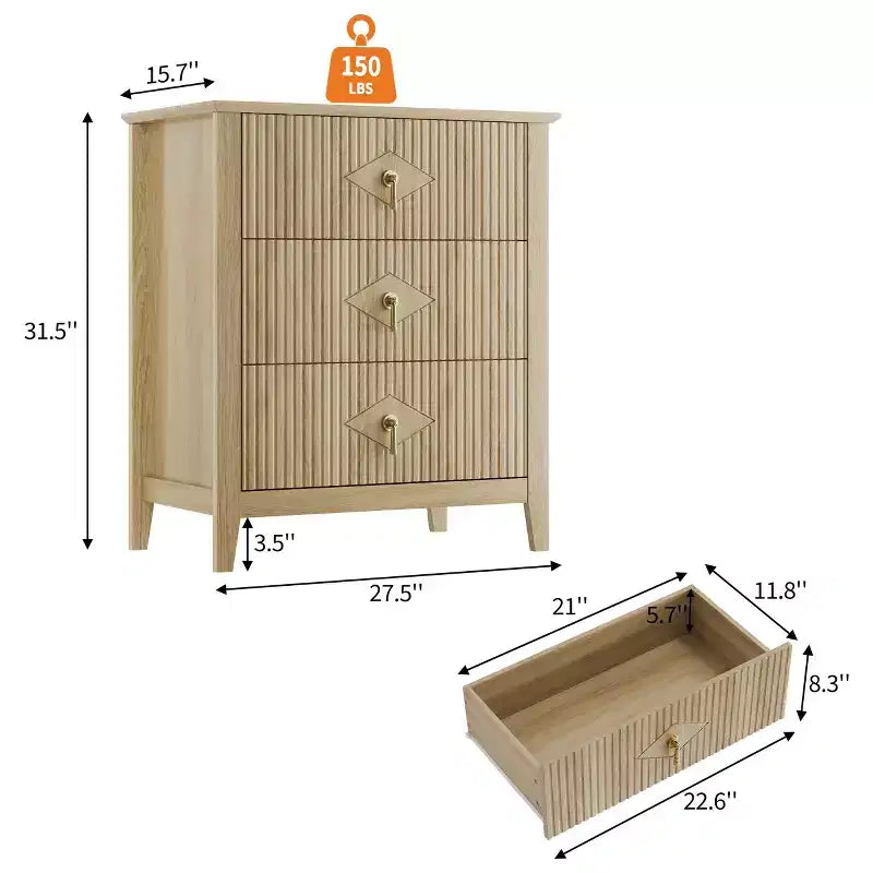 Comodino in Legno con Cassettiera Scanalata, Comodino a 3 Cassetti - Cassettiera Moderna per Camera da Letto, Soggiorno, Corridoio e Ingresso