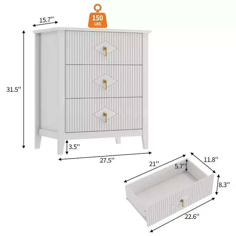 Comodino in Legno con Cassettiera Scanalata, Comodino a 3 Cassetti - Cassettiera Moderna per Camera da Letto, Soggiorno, Corridoio e Ingresso