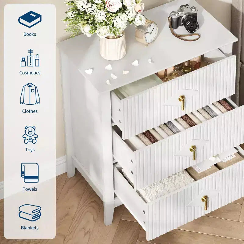 Comodino in Legno con Cassettiera Scanalata, Comodino a 3 Cassetti - Cassettiera Moderna per Camera da Letto, Soggiorno, Corridoio e Ingresso
