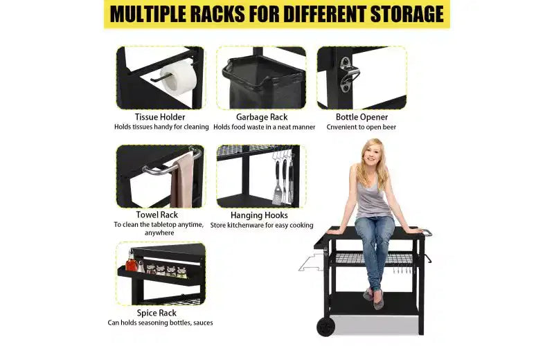 Karl Home Carrello per grill da esterno a 3 ripiani Carrello da barbecue mobile con due ruote e ganci