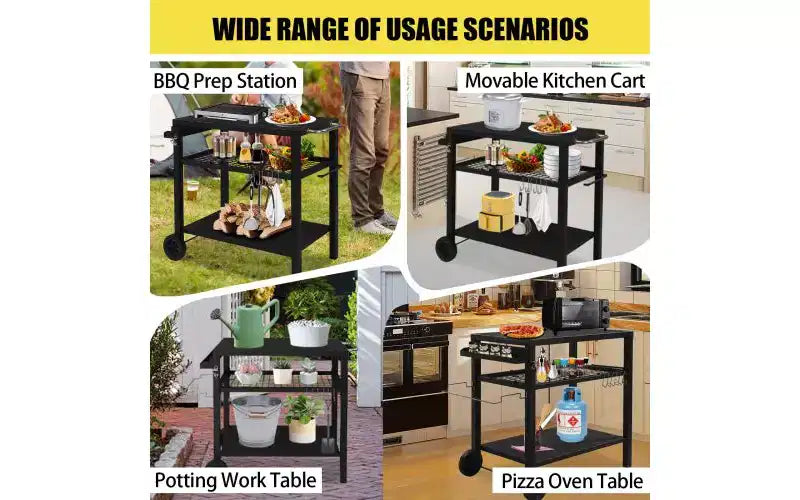 Karl Home Carrello per grill da esterno a 3 ripiani Carrello da barbecue mobile con due ruote e ganci