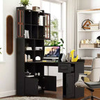 Scrivania angolare a L per computer con credenza, scrivania da ufficio ad angolo con cassetti e libreria, tavolo da studio, scrivania per computer da gioco per studio, nera