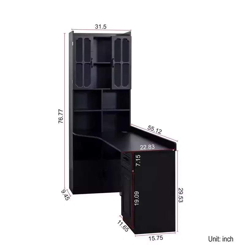 Scrivania angolare a L per computer con credenza, scrivania da ufficio ad angolo con cassetti e libreria, tavolo da studio, scrivania per computer da gioco per studio, nera