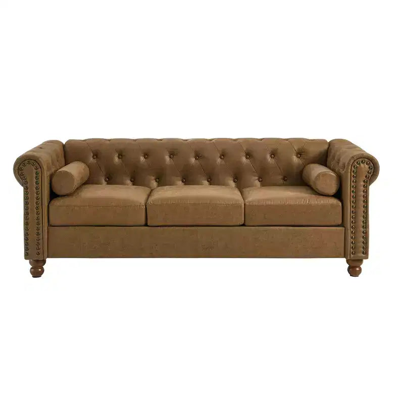 Divano Chesterfield 3 posti, tessuto trapuntato, robusto telaio in legno, braccioli quadrati, molle a S, spugna ad alta resilienza, per soggiorno o appartamento, marrone