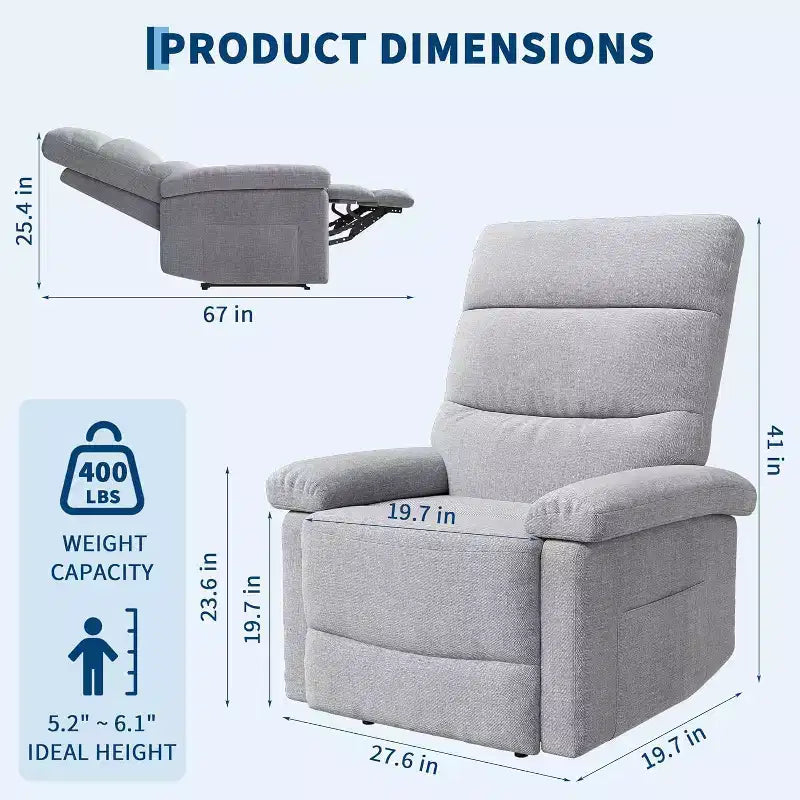 Poltrona Reclinabile per Adulti, Reclinabile Manuale in Tessuto con Tasca Laterale, Divano Singolo Regolabile con Supporto Ergonomico per la Schiena per Soggiorno, Camera da Letto