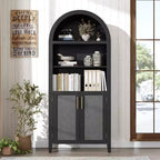 Libreria ad arco con ante - Scaffale a 5 ripiani a giorno con decorazioni in rattan, mobile contenitore moderno per libri per ufficio, soggiorno, biblioteca