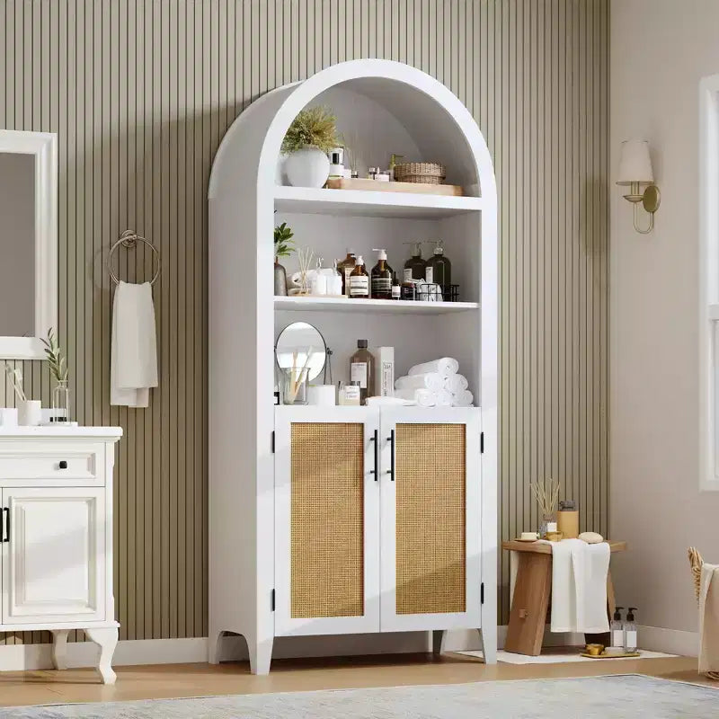 Libreria ad arco con ante - Scaffale a 5 ripiani a giorno con decorazioni in rattan, mobile contenitore moderno per libri per ufficio, soggiorno, biblioteca