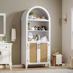 Libreria ad arco con ante - Scaffale a 5 ripiani a giorno con decorazioni in rattan, mobile contenitore moderno per libri per ufficio, soggiorno, biblioteca