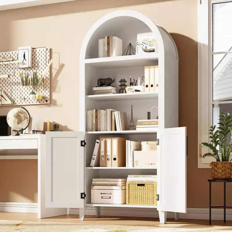 Libreria ad arco con ante - Scaffale a 5 ripiani a giorno con decorazioni in rattan, mobile contenitore moderno per libri per ufficio, soggiorno, biblioteca