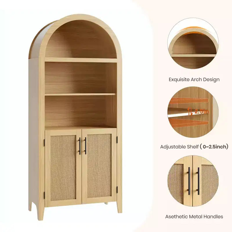 Libreria ad arco con ante - Scaffale a 5 ripiani a giorno con decorazioni in rattan, mobile contenitore moderno per libri per ufficio, soggiorno, biblioteca