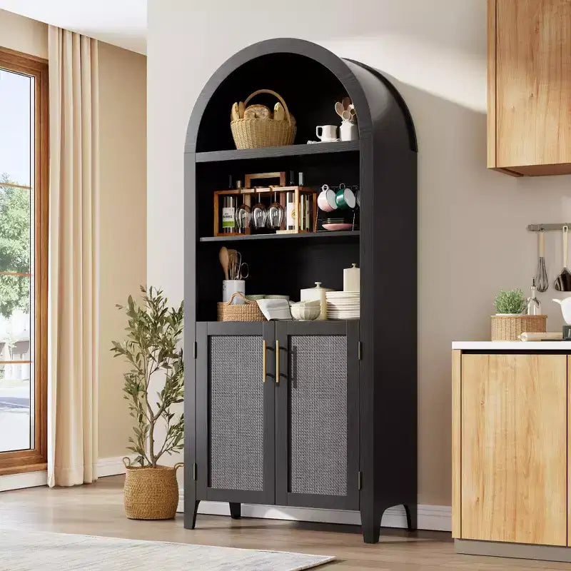 Libreria ad arco con ante - Scaffale a 5 ripiani a giorno con decorazioni in rattan, mobile contenitore moderno per libri per ufficio, soggiorno, biblioteca