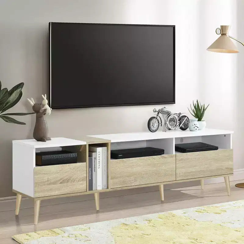 Mobile TV moderno con cassetti per TV da 80 pollici, mobile consolle multimediale con contenitore, mobile contenitore TV con ripiani aperti per soggiorno, bianco