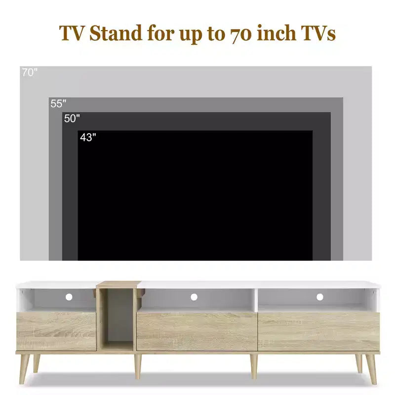 Mobile TV moderno con cassetti per TV da 80 pollici, mobile consolle multimediale con contenitore, mobile contenitore TV con ripiani aperti per soggiorno, bianco