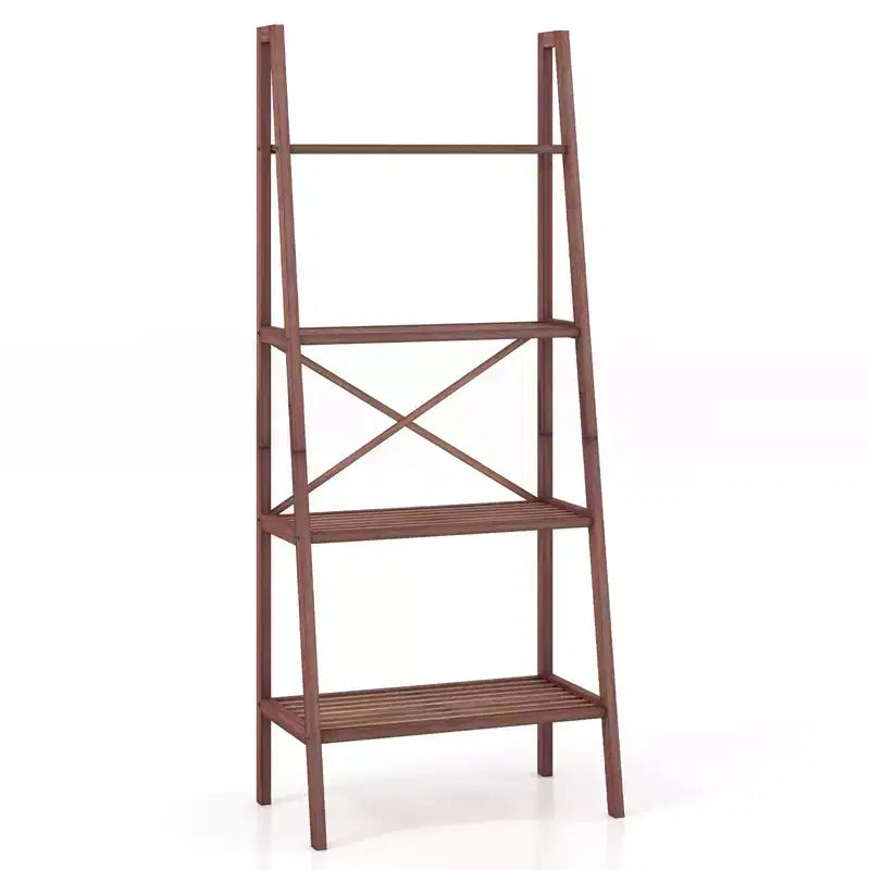 Costway 4-Tier Bamboo Ladder Bookshelf Rustic Bookcase Floor Standing Shelving Unit Book Shelf Storage Organizer