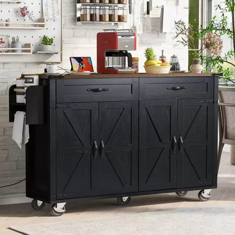 Isola Cucina da Fattoria con Presa Elettrica, Isola Contenitore da Cucina con Ribalta, Portaspezie e Cassetto, Carrello da Cucina su Ruote