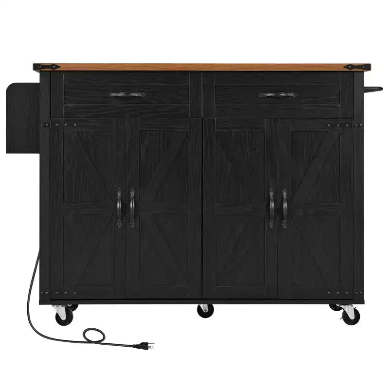 Isola Cucina da Fattoria con Presa Elettrica, Isola Contenitore da Cucina con Ribalta, Portaspezie e Cassetto, Carrello da Cucina su Ruote