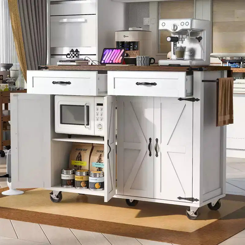 Isola Cucina da Fattoria con Presa Elettrica, Isola Contenitore da Cucina con Ribalta, Portaspezie e Cassetto, Carrello da Cucina su Ruote