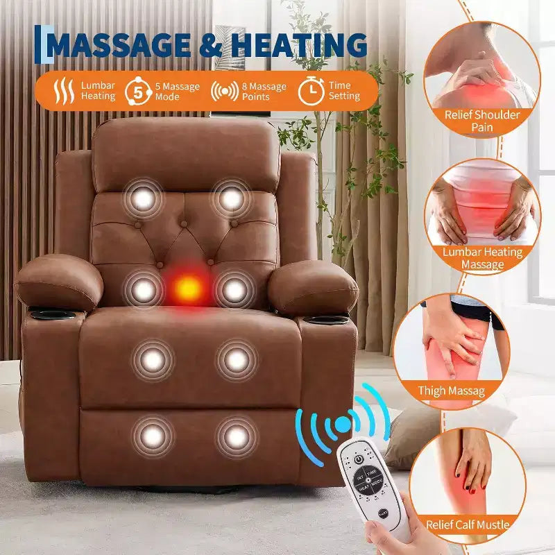 Poltrona reclinabile Power Lift sovradimensionata per soggiorno, sedile in pelle PU nera, massaggio a vibrazione, calore lombare, doppi portabicchieri, tasche laterali, ausilio per la mobilità