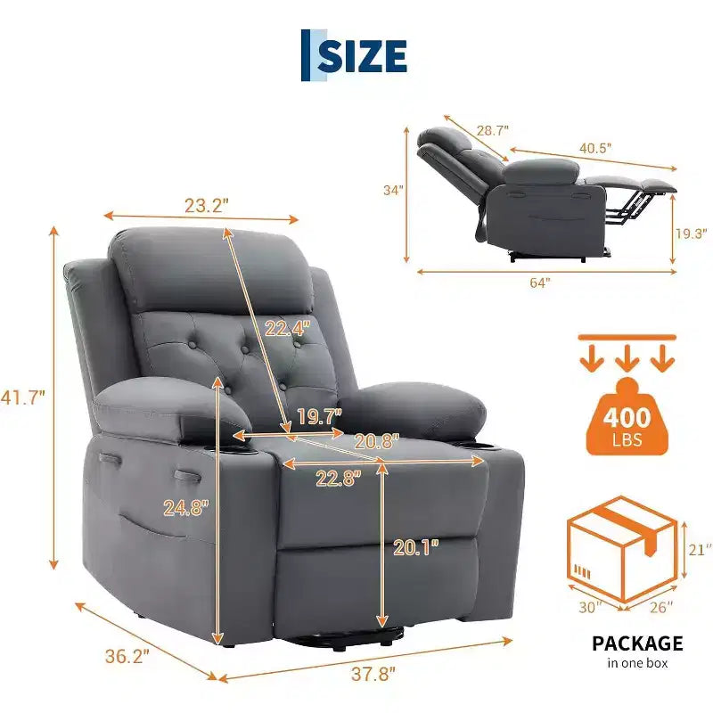 Poltrona reclinabile Power Lift sovradimensionata per soggiorno, sedile in pelle PU nera, massaggio a vibrazione, calore lombare, doppi portabicchieri, tasche laterali, ausilio per la mobilità
