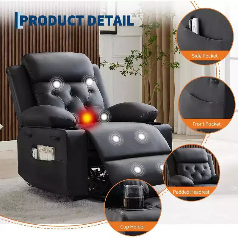 Poltrona reclinabile Power Lift sovradimensionata per soggiorno, sedile in pelle PU nera, massaggio a vibrazione, calore lombare, doppi portabicchieri, tasche laterali, ausilio per la mobilità