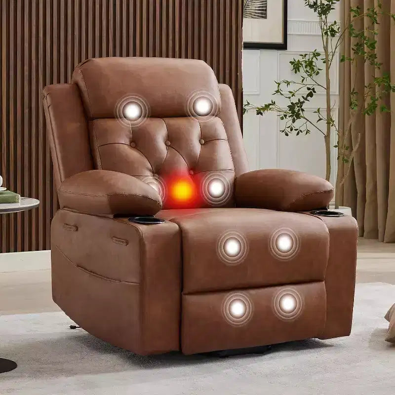 Poltrona reclinabile Power Lift sovradimensionata per soggiorno, sedile in pelle PU nera, massaggio a vibrazione, calore lombare, doppi portabicchieri, tasche laterali, ausilio per la mobilità