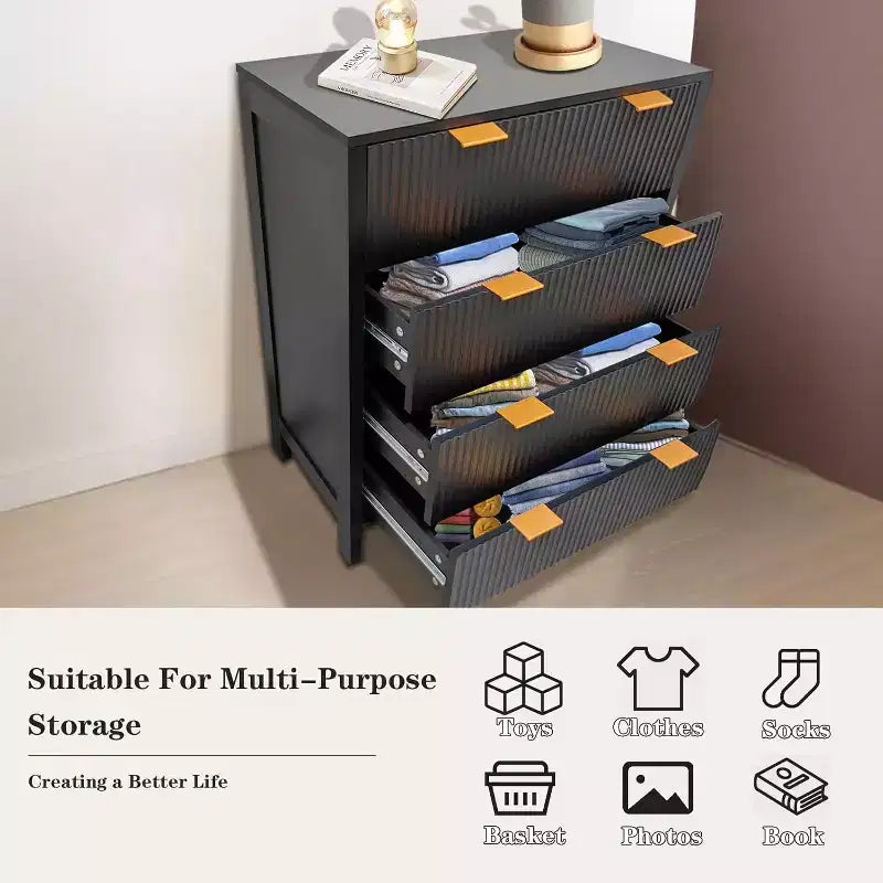 Cassettiera con 4 cassetti, Comò alto con maniglie facili da tirare, Mobile contenitore con pannello scanalato a onda, Elegante armadio organizer per vestiti