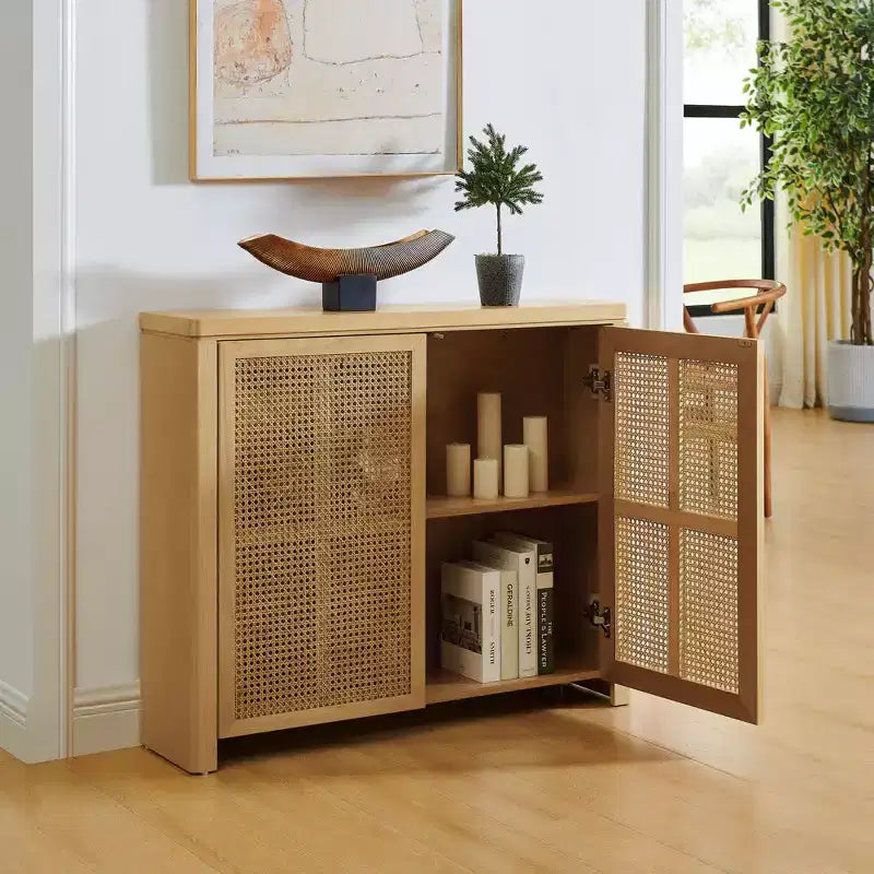 Okak Buffet Credenza in Legno Mid-Century con Ante in Rattan, Mobile Contenitore Retrò per Cucina, Sala da Pranzo
