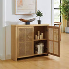Okak Buffet Credenza in Legno Mid-Century con Ante in Rattan, Mobile Contenitore Retrò per Cucina, Sala da Pranzo