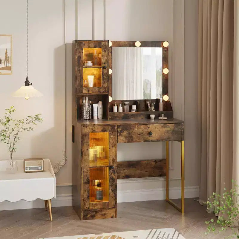 Toeletta con Specchio e Luci, Tavolo da Trucco con Lampadine Regolabili, Piano Robusto in MDF e Gambe in Metallo, Cassetti e Armadietti Intelligenti per Camera da Letto