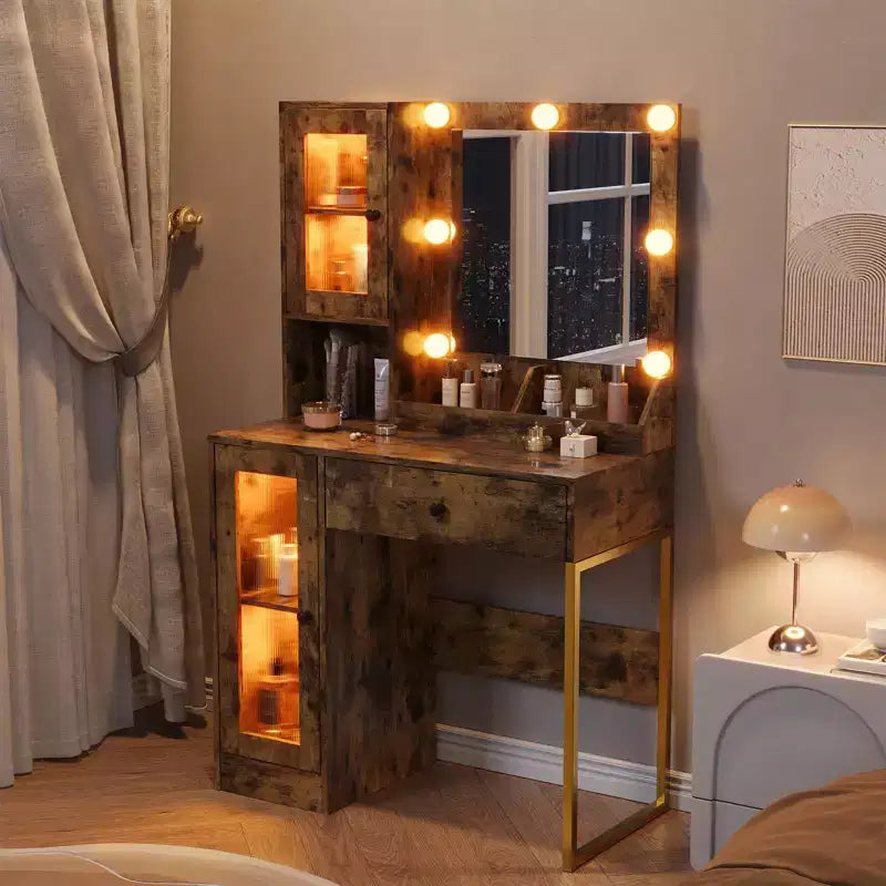 Toeletta con Specchio e Luci, Tavolo da Trucco con Lampadine Regolabili, Piano Robusto in MDF e Gambe in Metallo, Cassetti e Armadietti Intelligenti per Camera da Letto