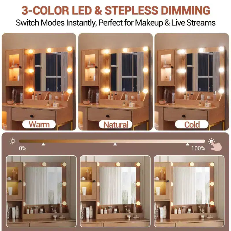 Toeletta con Specchio e Luci, Tavolo da Trucco con Lampadine Regolabili, Piano Robusto in MDF e Gambe in Metallo, Cassetti e Armadietti Intelligenti per Camera da Letto